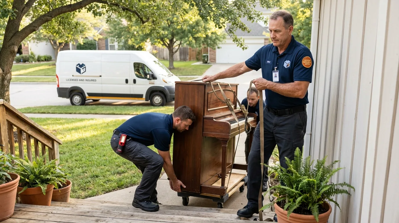 Licensed piano movers securing grand piano in Coalgate, OK