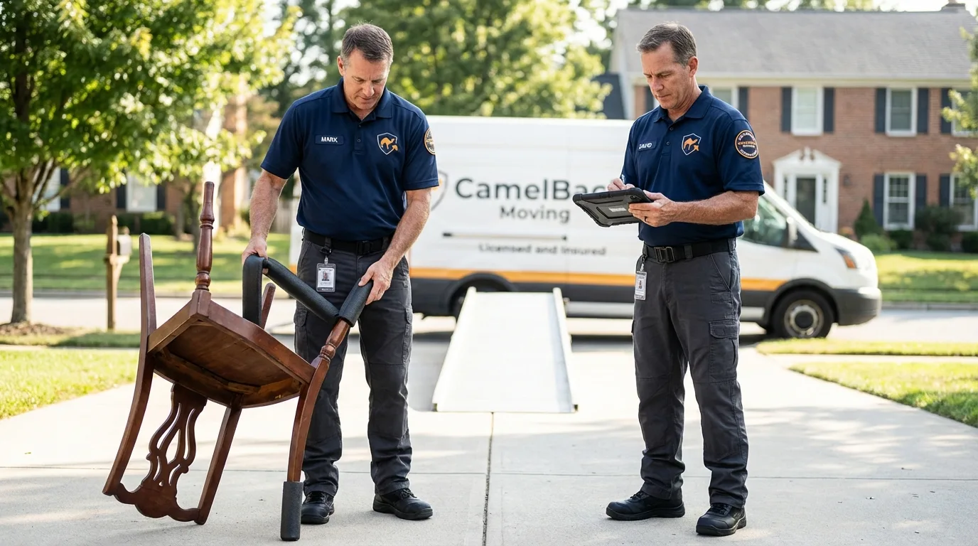 Movers inspecting furniture for damage prevention before loading in Coalgate, OK